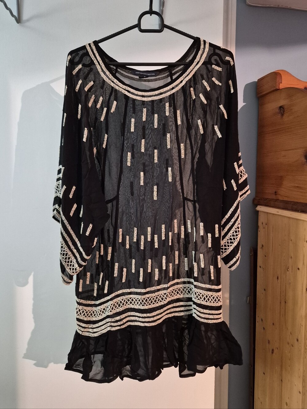 Vintage French Connection Sheer Black Seed Bead Mesh Blouse Size 0